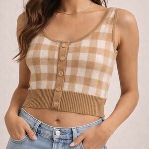 Nikka K Brown & Cream Gingham Knit Crop Tank Button Front Size Medium
